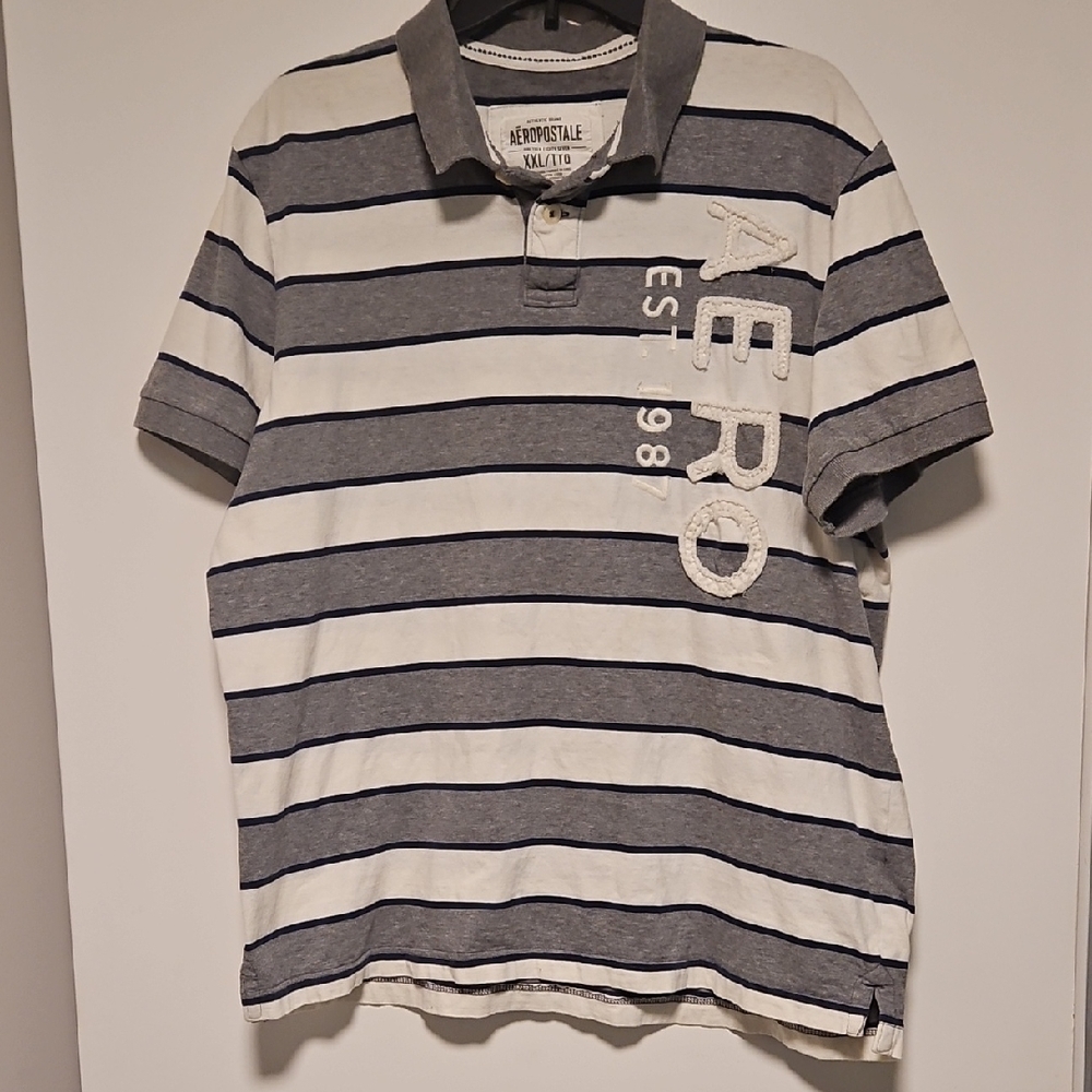 Aeropostale Men's Polo Shirt - Navy and White Stripes